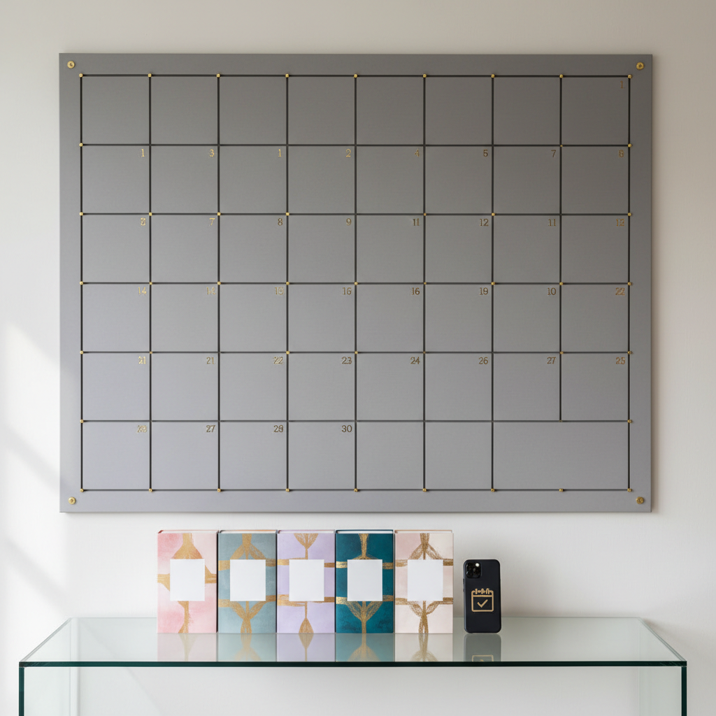 A large, wall-mounted calendar board in soft matte stone-gray, each day represented by clean, unmarked squares accented with tiny metallic gold corners, stands above a slender glass table. On the table lies a tidy row of romance novels with coordinated, text-free covers and a sleek smartphone placed face down, implying pre-orders and release tracking. Gentle, diffused daylight from a nearby window bathes the scene, creating subtle reflections on the glass and a serene, organized atmosphere. Photographic realism, shot straight-on with balanced composition and moderate depth of field, evoking a polished, professional release schedule section for a contemporary romance author.