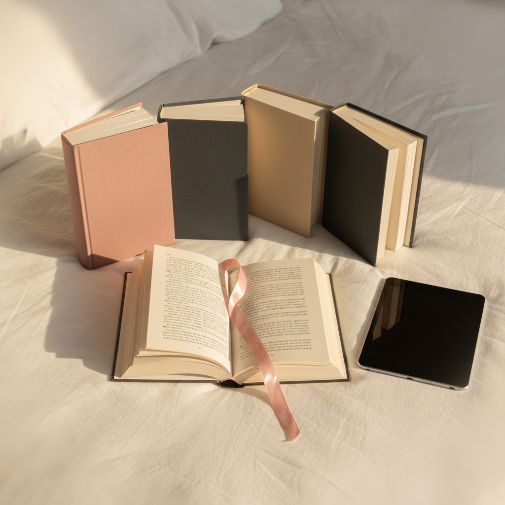 An open hardcover romance novel lying on pristine white linen bedding, its cream-colored pages slightly fanned and a satin ribbon bookmark draped across the center. Around it, a neat semicircle of other closed books with cohesive, text-free covers in muted rose, champagne, and charcoal suggests a reading order. A slim tablet rests to the side, screen turned off to avoid text. Golden hour sunlight pours through an unseen window, casting warm, elongated shadows and highlighting the delicate paper texture. Photographic realism from a slightly elevated angle, with a calm, intimate mood and soft bokeh at the edges, ideal for showcasing book collections and purchase options on a romance author’s site.
