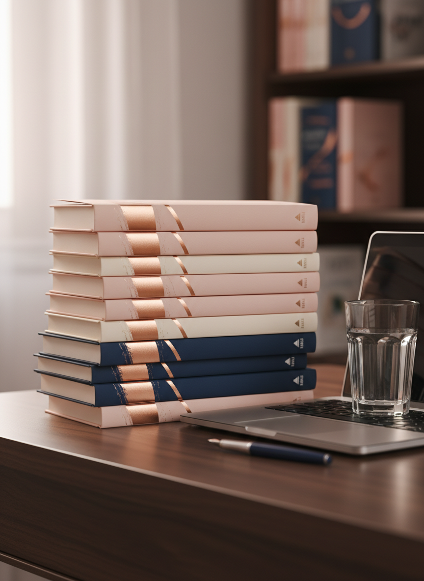 A carefully arranged stack of contemporary romance paperbacks with elegant, minimalist covers in blush, ivory, and deep navy, each featuring subtle metallic accents and abstract, text-free design elements, resting on a dark walnut desk. Nearby, a sleek silver laptop is half-closed beside a crystal-clear glass of water and a fountain pen. Soft window light from the left creates a gentle gradient across the book spines and a faint reflection on the desk’s polished surface. The background fades into a blurred bookshelf filled with more coordinated novels. Photographic realism, shot at eye level with a shallow depth of field, creating a sophisticated, author-branded hero image that feels modern, romantic, and refined.