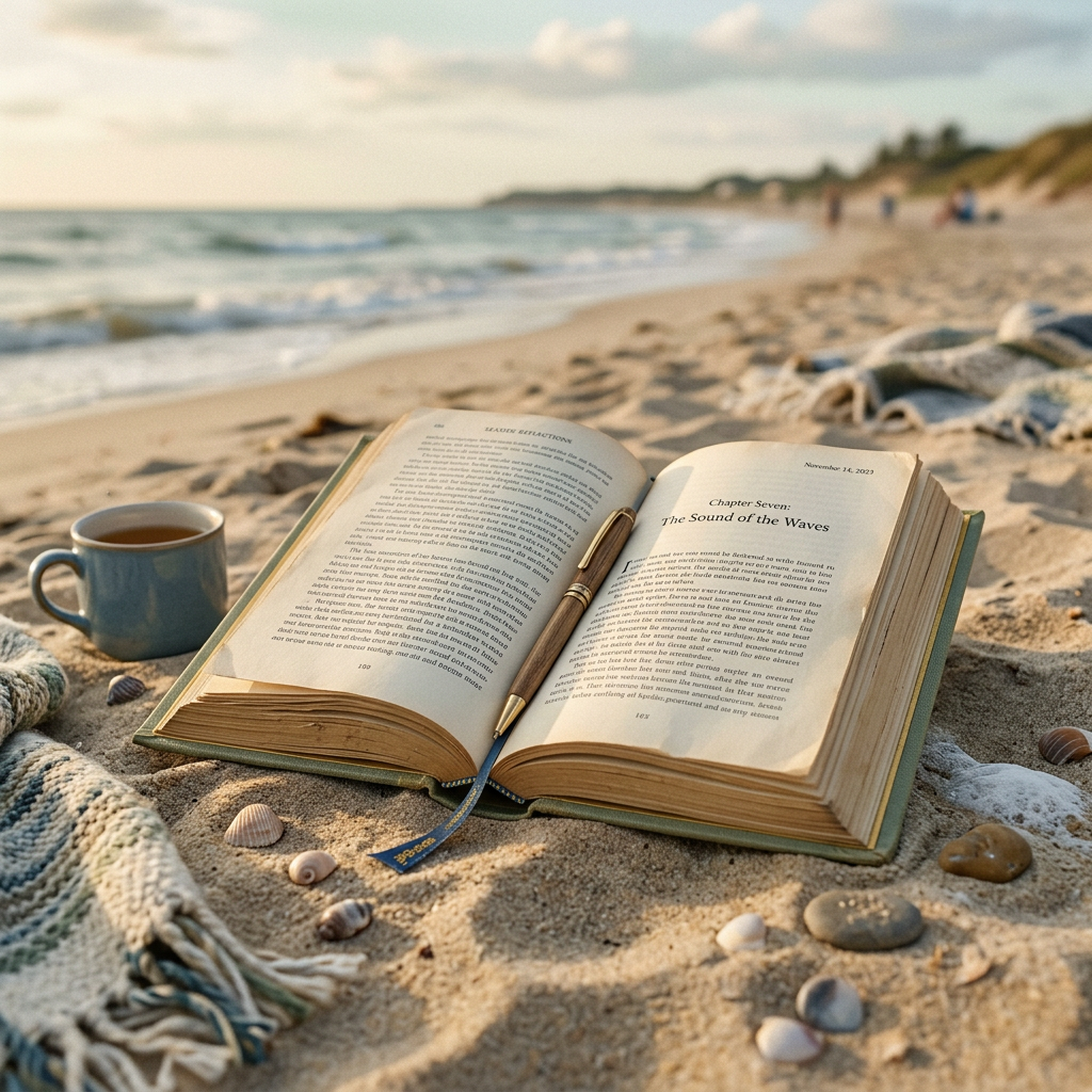 Open book on sandy beach with seashells and tea cup